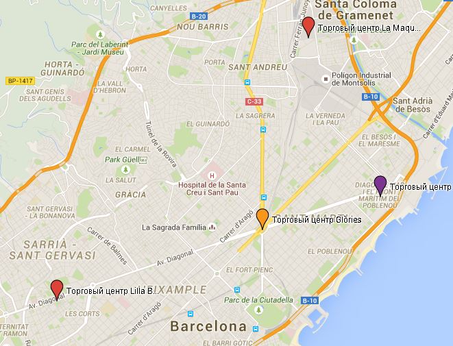 Торговые центры Барселоны - карта
